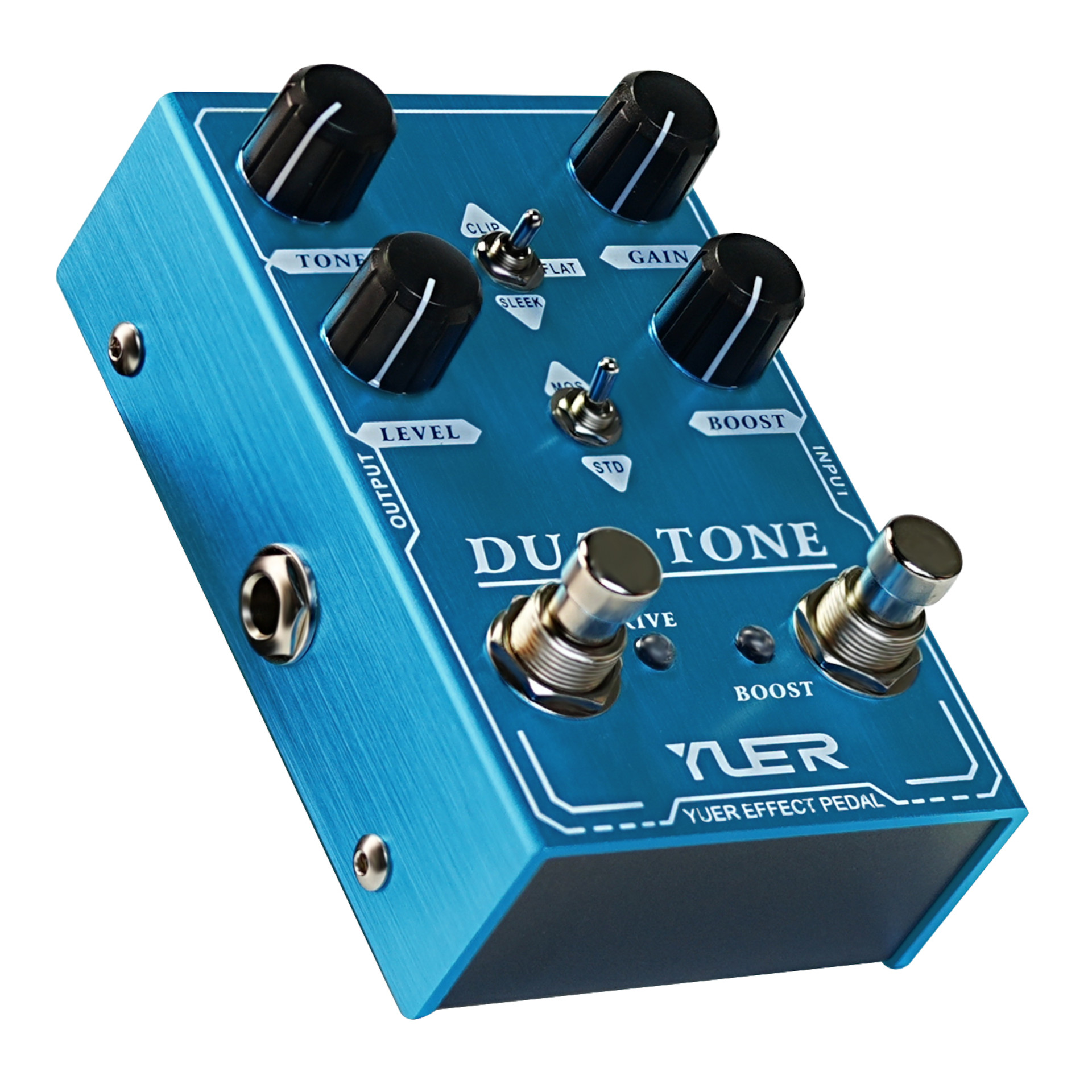 Gitarreneffektpedal, blaues Metallgehäuse, Dual-Tone-Pedal, Boost-Funktion, Drehregler